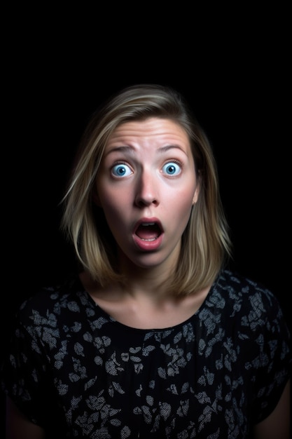 Une photo en studio d'une jeune femme surprise sur un fond noir