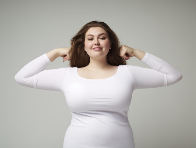 Une photo en studio d'une jeune femme de taille plus grande avec des gestes émotionnels.