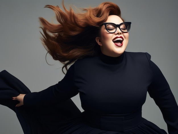 Une photo en studio d'une jeune femme de taille plus grande avec des gestes émotionnels.