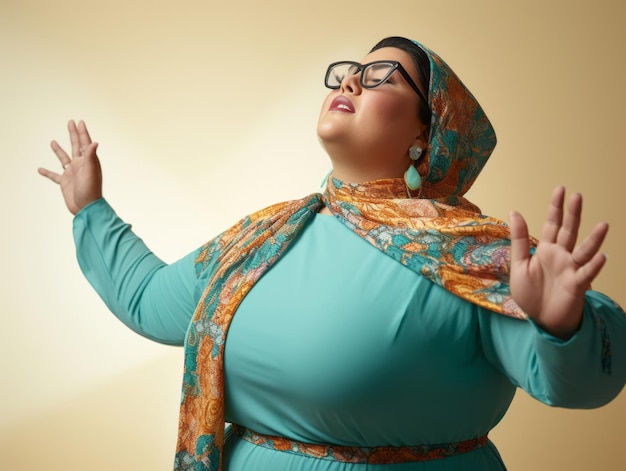 Une photo en studio d'une jeune femme de taille plus grande avec des gestes émotionnels.