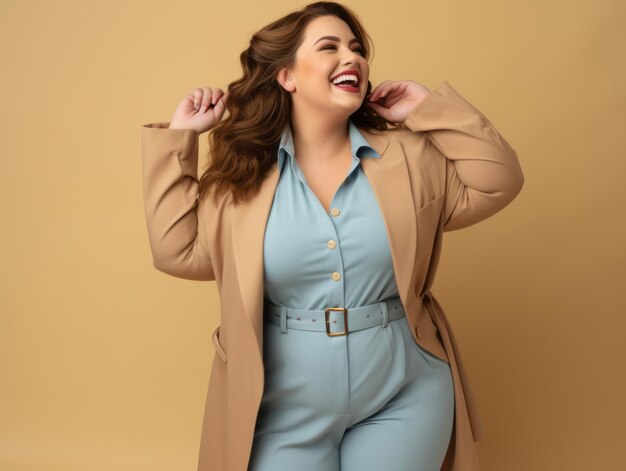 Une photo en studio d'une jeune femme de taille plus grande avec des gestes émotionnels.