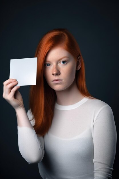 Une photo de studio d'une jeune femme tenant une carte blanche sur un fond gris créée avec l'IA générative