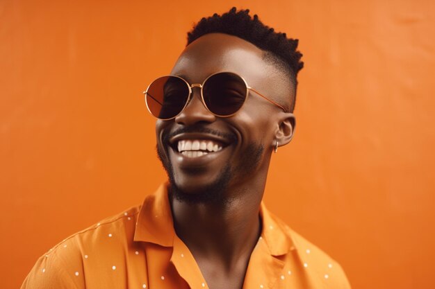 Une photo en studio d'un jeune homme africain beau en lunettes de soleil portant des vêtements décontractés élégants sur un fond orange.