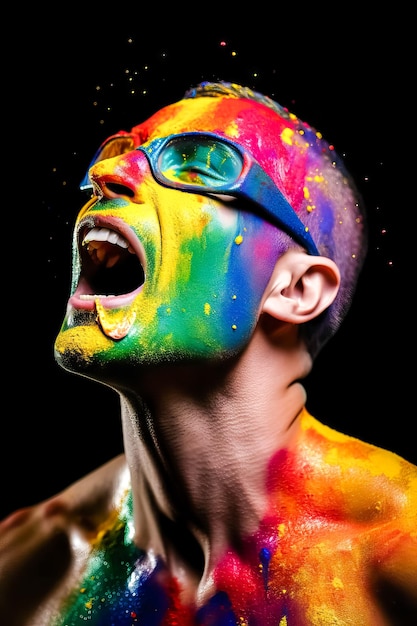 Photo en studio d'un jeune homme aux cheveux longs, torse nu arc-en-ciel lgtb avec des banderoles et de la poudre de holi flottant autour de lui sur fond sombre Célébration du concept de fête lgtbi gayAI image générée