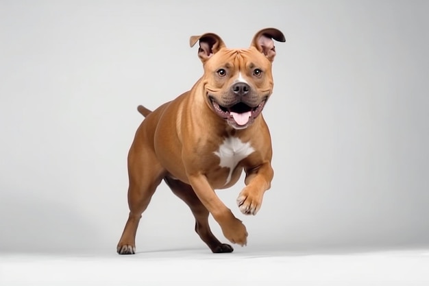 Une photo en studio d'un mignon chien, un Staffordshire terrier américain, qui court isolé sur un fond blanc.