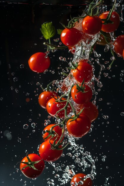 Photo studio avec mouvement de congélation de tomates cerises dans des éclaboussures d'eau sur fond noir