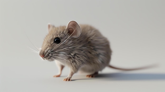 Une photo en studio d'une petite souris brune au ventre blanc et aux pieds tournés vers la droite, regardant à gauche avec une expression curieuse sur son visage.