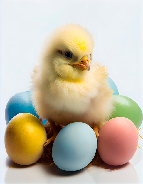 Photo de studio de petits poulets jaunes autour desquels se trouvent des œufs de Pâques colorés et lumineux