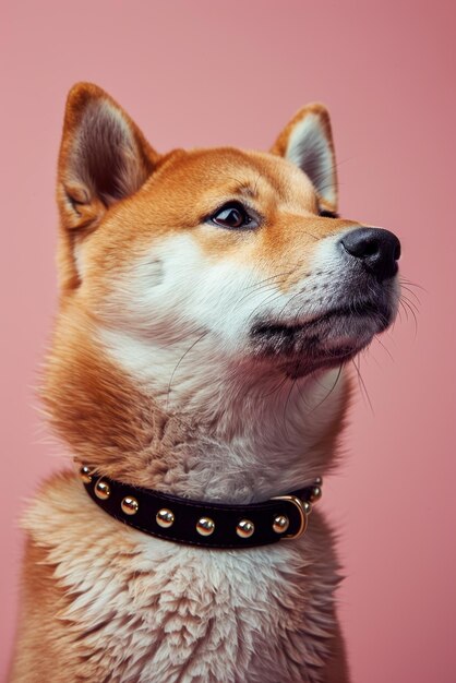 Une photo de studio d'un Shiba Inu sur un fond rose