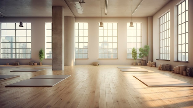 Une photo d'un studio de yoga propre et vide