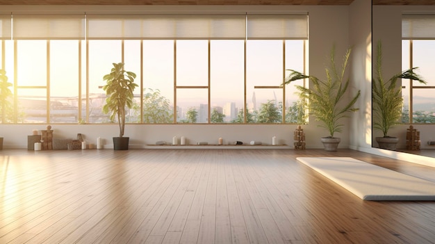 Une photo d'un studio de yoga serein avec un sol en bambou et des éléments zen
