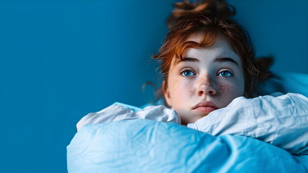 Photo stupide effrayée jeune timide glamour fille rousse se sentant effrayée réveiller la nuit étrange effrayant