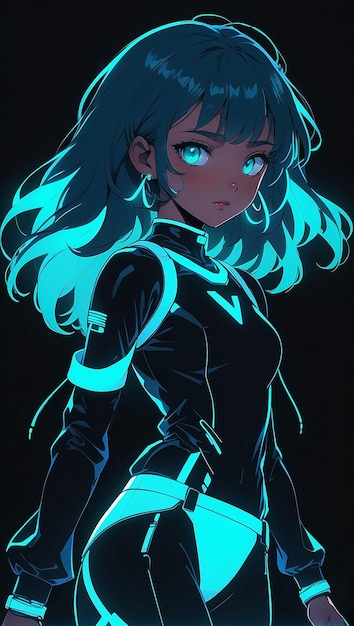 Photo de style anime 3d une archeresse futuriste avec de longs cheveux bleu foncé ondulés et vibrants