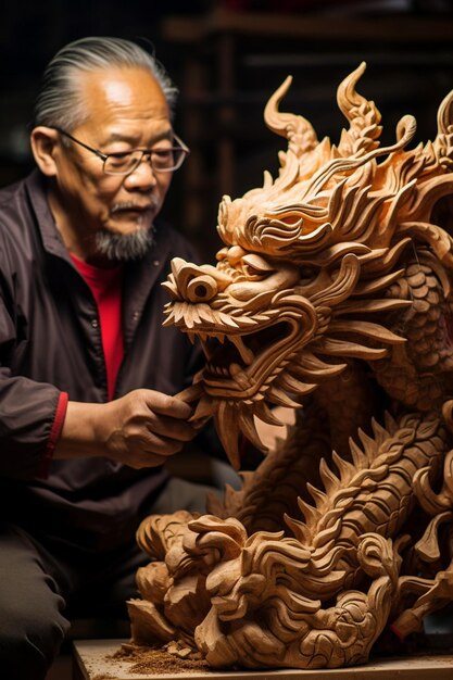 Photo une photo de style documentaire d'un artisan fabriquant une sculpture de dragon chinois