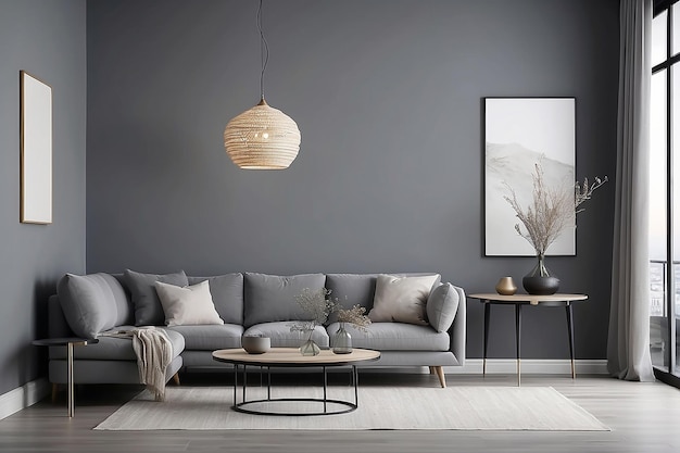 Photo de style minimal vivant avec lampe de plafond, chaise, table et vase sur fond de mur gris