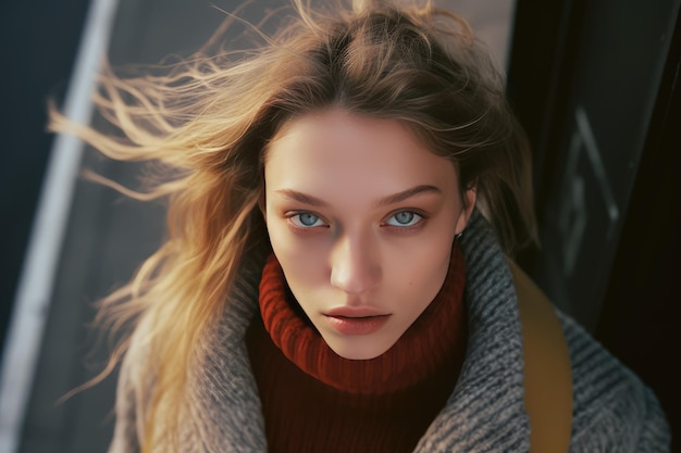 Photo de style rue d'un modèle féminin en gros plan à angle élevé extrême depuis la vue centrale au-dessus