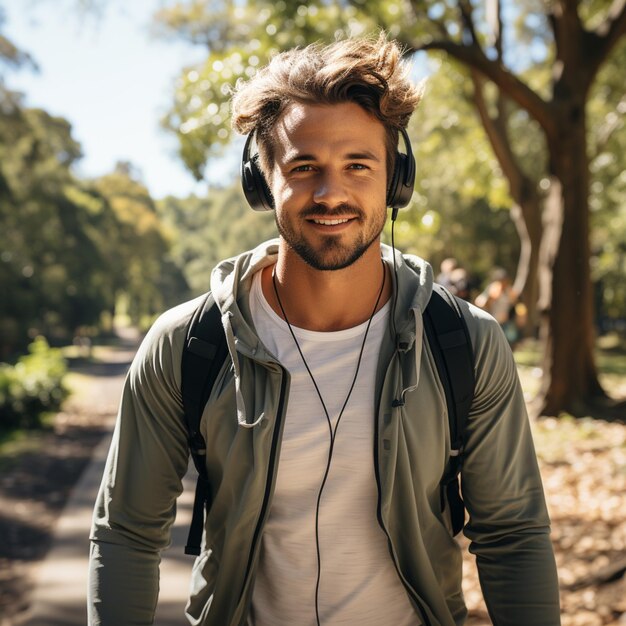 Photo photo de style de vie d'un bel homme portant des écouteurs dans un parc