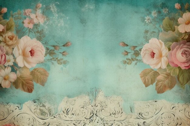 Une photo de style vintage de fleurs avec une bordure en dentelle blanche.