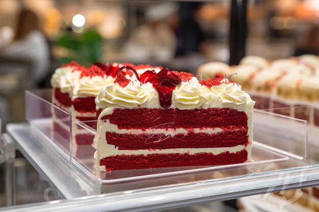 Photo une photo de style vintage d'un gâteau en velours rouge affiché sur un stand de gâteau rétro