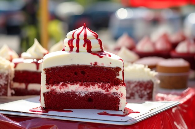 Une photo de style vintage d'un gâteau en velours rouge affiché sur un stand de gâteau rétro