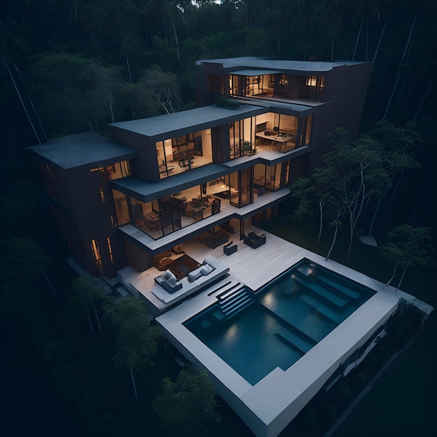 Photo d'une superbe maison moderne prise d'une vue aérienne de nuit