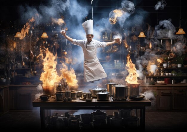 Photo une photo surréaliste d'un chef en lévitation au-dessus d'une cuisinière entouré d'ingrédients flottants et