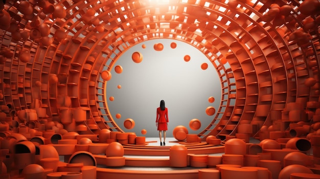 Une photo surréaliste d'une femme debout au milieu d'un tunnel rond orange