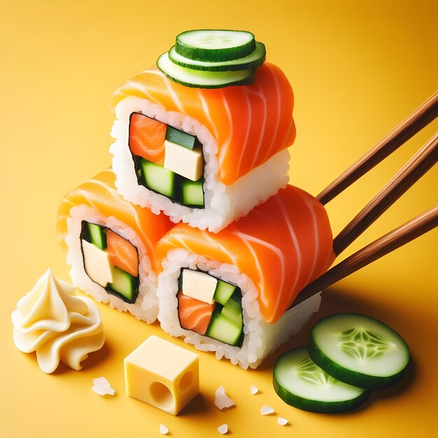 photo de sushi avec des baguettes sur fond jaune