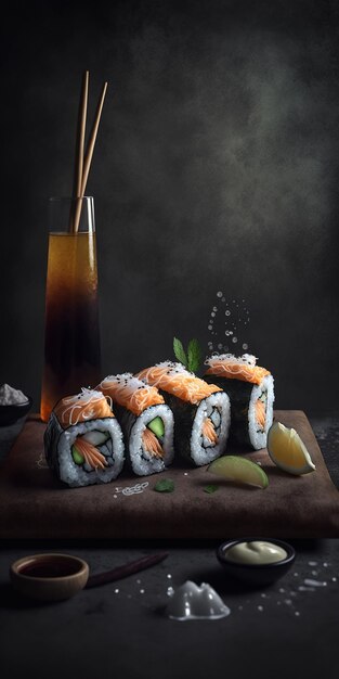 Une photo de sushi et un verre de thé avec une boisson versée dedans.