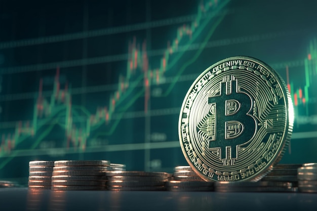 Photo Symbole de monnaie numérique Bitcoin sur des pièces avec graphique des actions de crypto
