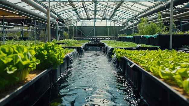 Une photo de systèmes aquaponiques intelligents intégrant l'élevage de poissons à la culture de plantes