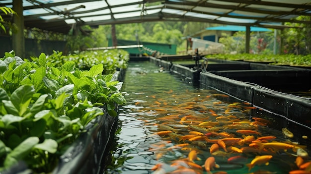 Une photo de systèmes aquaponiques intelligents intégrant l'élevage de poissons à la culture de plantes