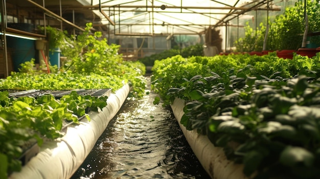 Une photo de systèmes aquaponiques intelligents intégrant l'élevage de poissons à la culture de plantes