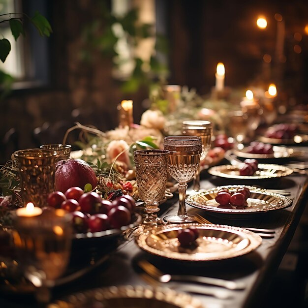 Photo d'une table de banquet extravagante ornée de vaisselle dorée déco palmier de Pâques Art du Vendredi Saint