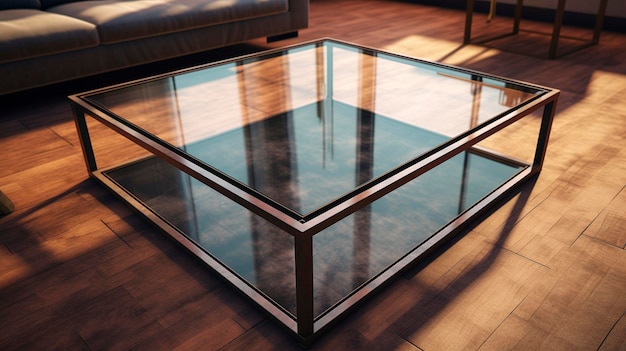 Une photo d'une table basse avec un plateau en verre et une structure en métal