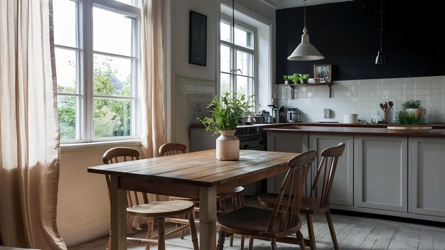 Une photo d'une table en bois avec des chaises en bois près des rideaux de fenêtre dans une cuisine avec un intérieur noir