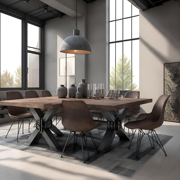 Photo d'une table en bois spacieuse avec des chaises marron assorties, créée par AI