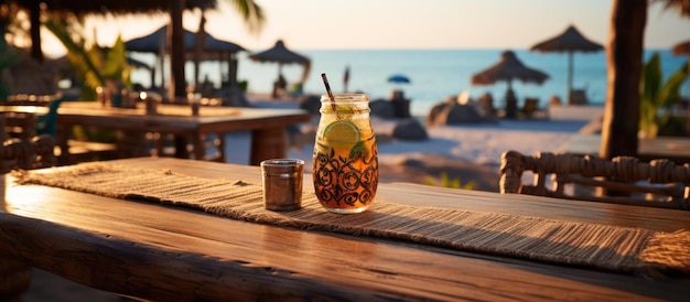 Photo une photo d'une table en bois vide avec un fond flou d'un bar de plage tiki