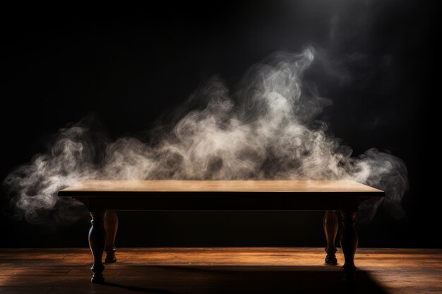 Photo d'une table avec de la fumée qui en sort et un fond noir