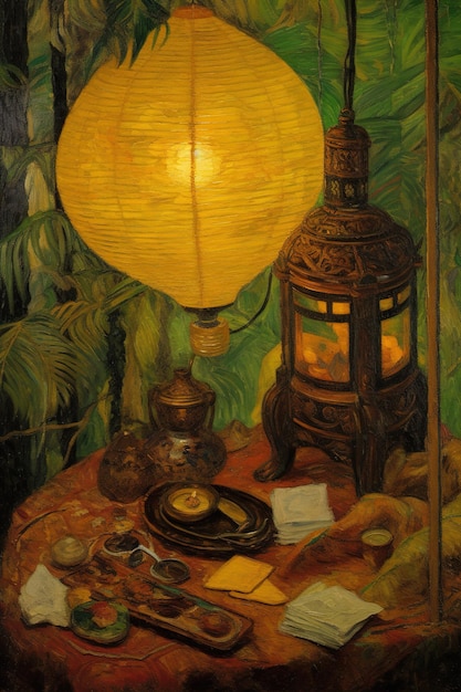 une photo d'une table avec une lampe et plusieurs autres objets dessus