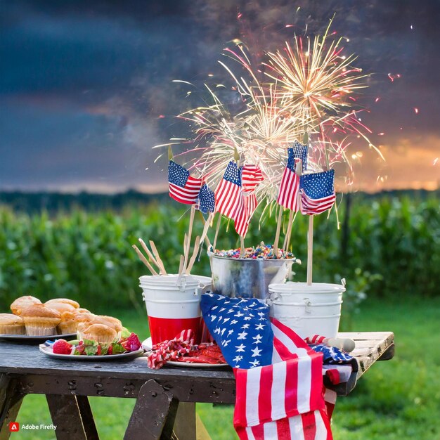 Photo une photo d'une table de pique-nique avec un drapeau américain célébrant le 4 juillet