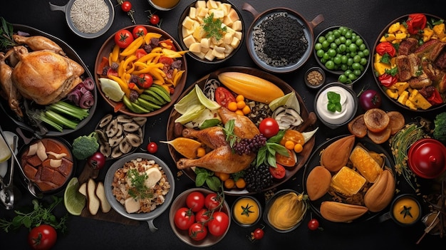 Photo photo d'une table pleine d'aliments délicieux et savoureux