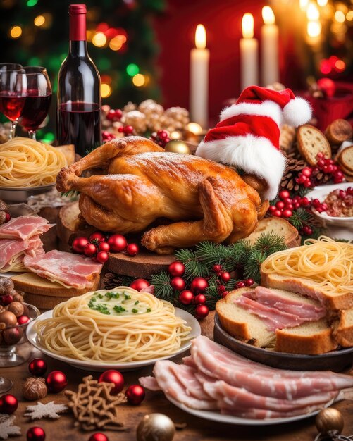 Photo d'une table remplie d'aliments de Noël, de poulet et de pâtes délicieux et sains.