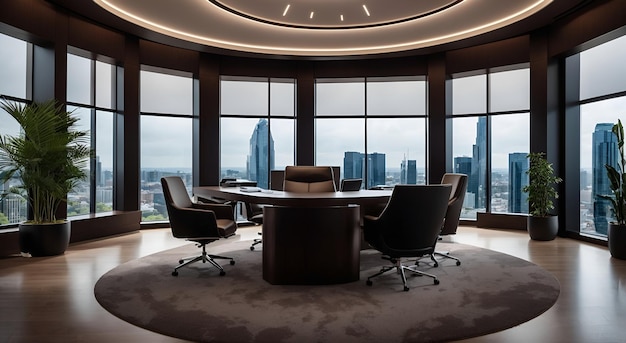 Photo d'une table ronde avec des chaises et une horloge au mur