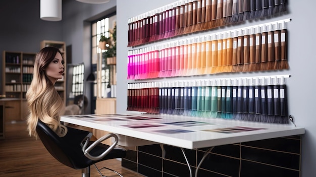 Une photo d'un tableau de couleurs et des échantillons de cheveux dans un salon