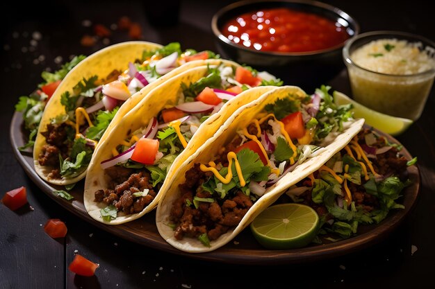 Photo de tacos très savoureux avec de la viande et des légumes servis sur une table en bois