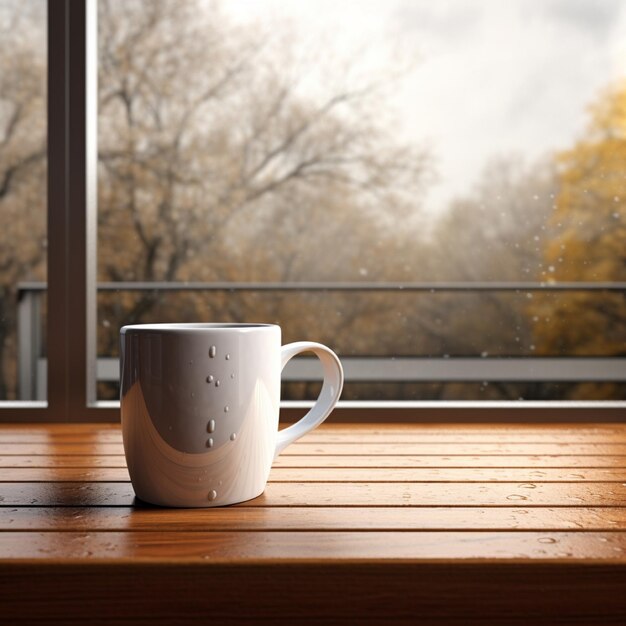 La photo d'une tasse à café blanche est posée sur une table en bois devant la fenêtre