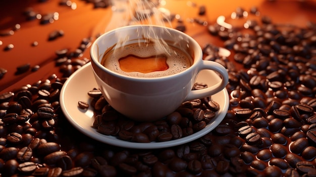 photo d'une tasse de café entourée de grains de café renversés