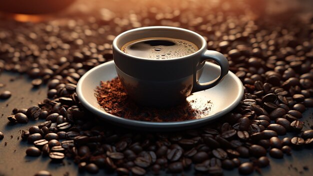 Une photo d'une tasse de café entourée de haricots fraîchement broyés