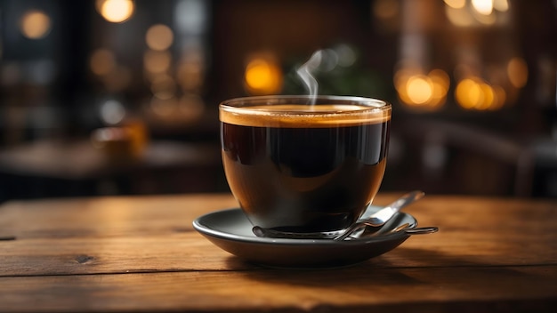 photo d'une tasse de café sur le fond d'une table en bois